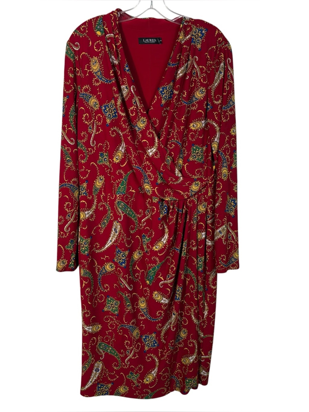 Lauren Ralph Lauren Red Gold Paisley Pattern Faux Wrap No-Iron Stretch Dress 16